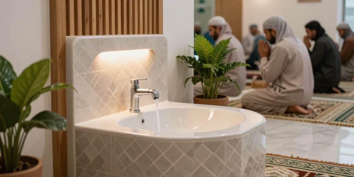 Ablution wash basin in a serene prayer space, showcasing elegant curves and warm lighting.