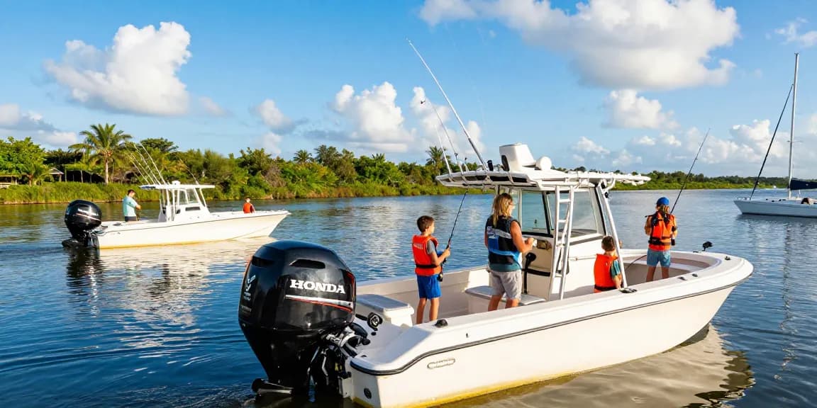 Honda outboard motor for sale displayed prominently on a boat at a marina