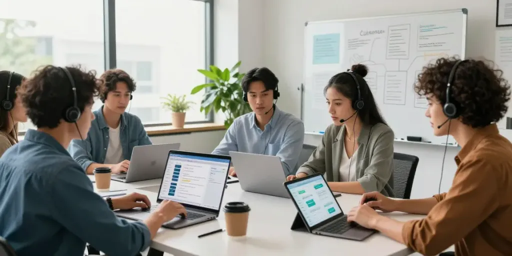 Effective AI customer support strategies discussed by diverse team in modern office.