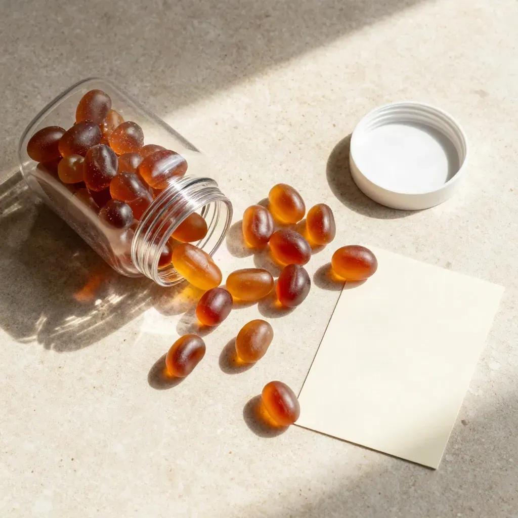 Overhead flatlay of multivitamin gummies in a clear jar on pale stone with loose chews