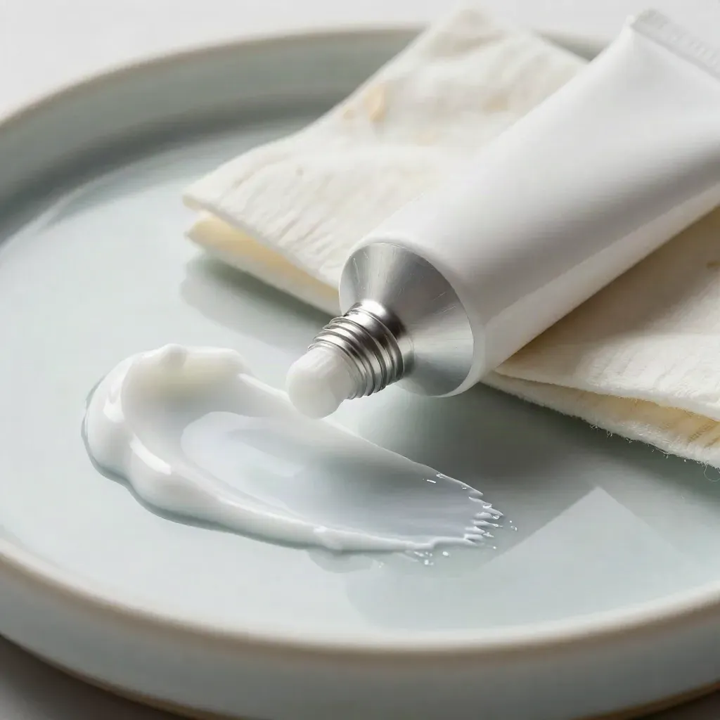 Hydrocortisone cream tube, cream smear, and folded cotton pads on glazed ceramic.