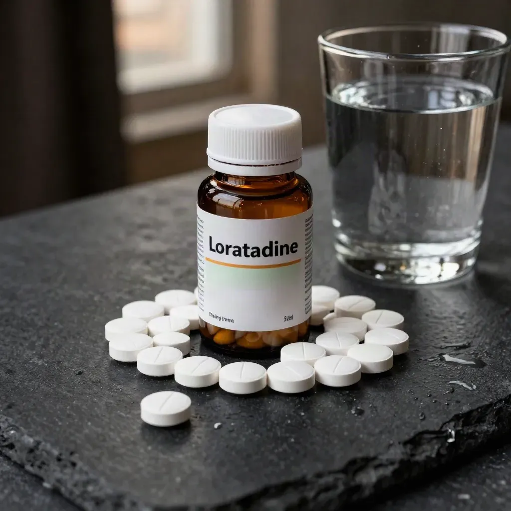 Amber loratadine bottle, orbiting tablets, and a water glass on black stone