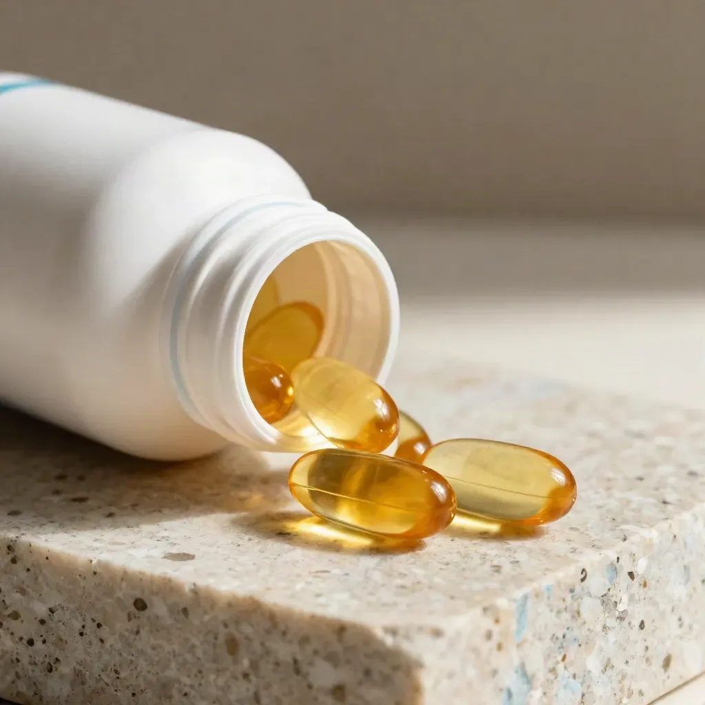 Macro of a vitamin D3 bottle spilling golden softgels on travertine.
