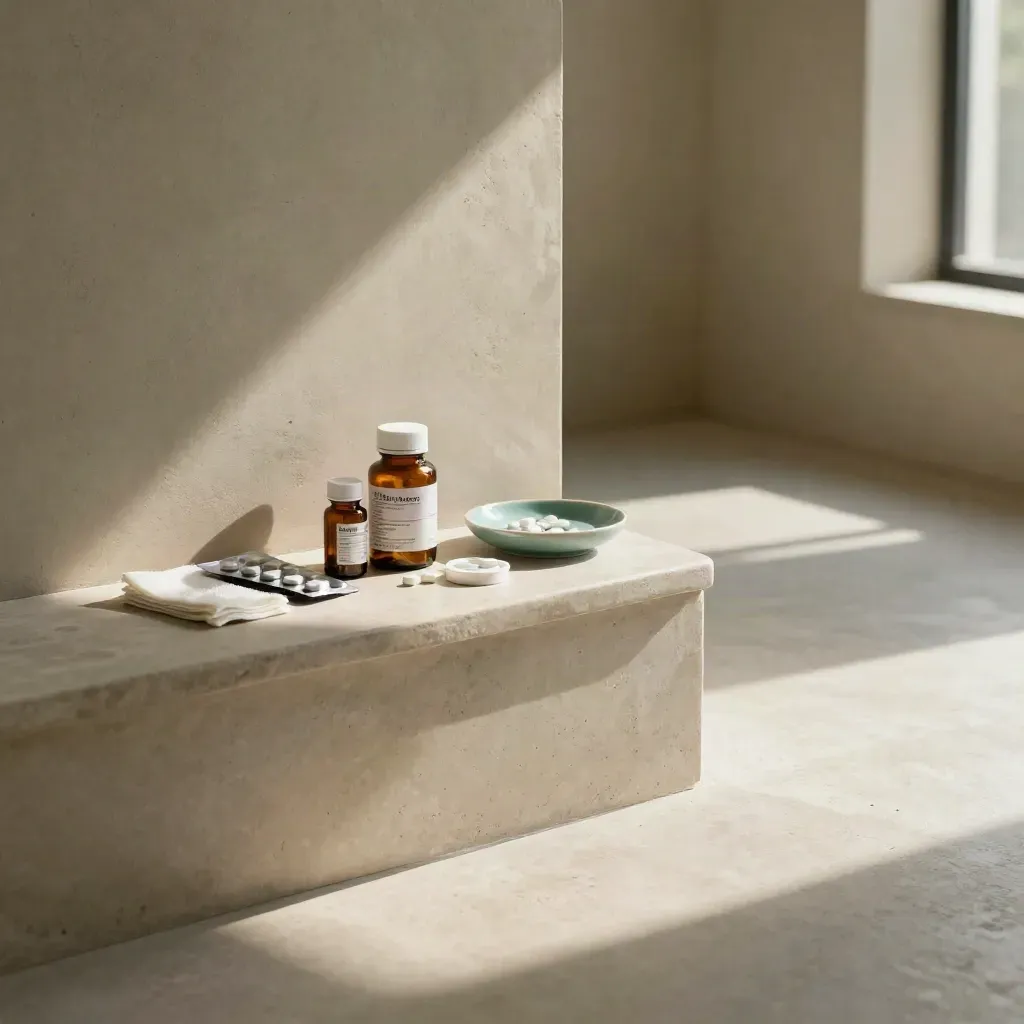Sunlit concrete corridor with pharmacy essentials on a pale stone ledge and calm floor space.