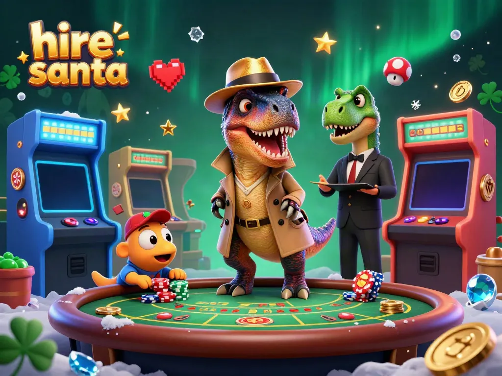 Hire Santa with a flashy casino backdrop, featuring a velociraptor card counter and stegosaurus pit boss.