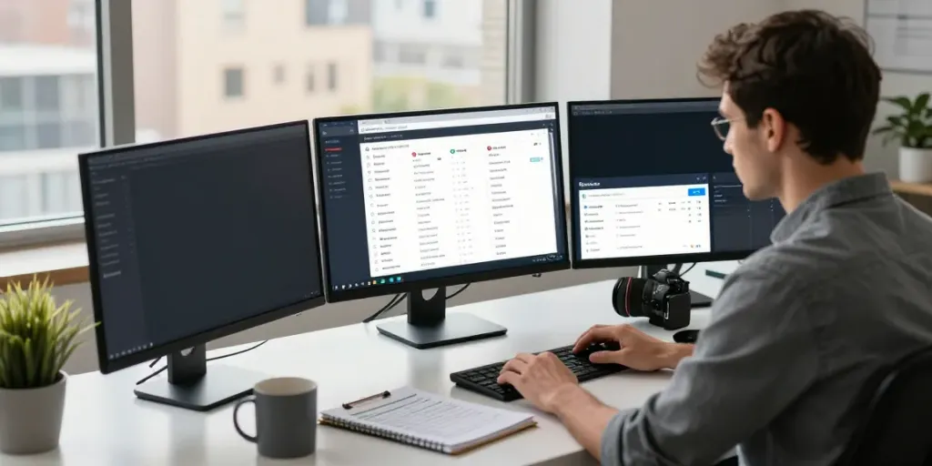 Using the Google Maps scraping tool by Outscraper for data extraction in a modern office.